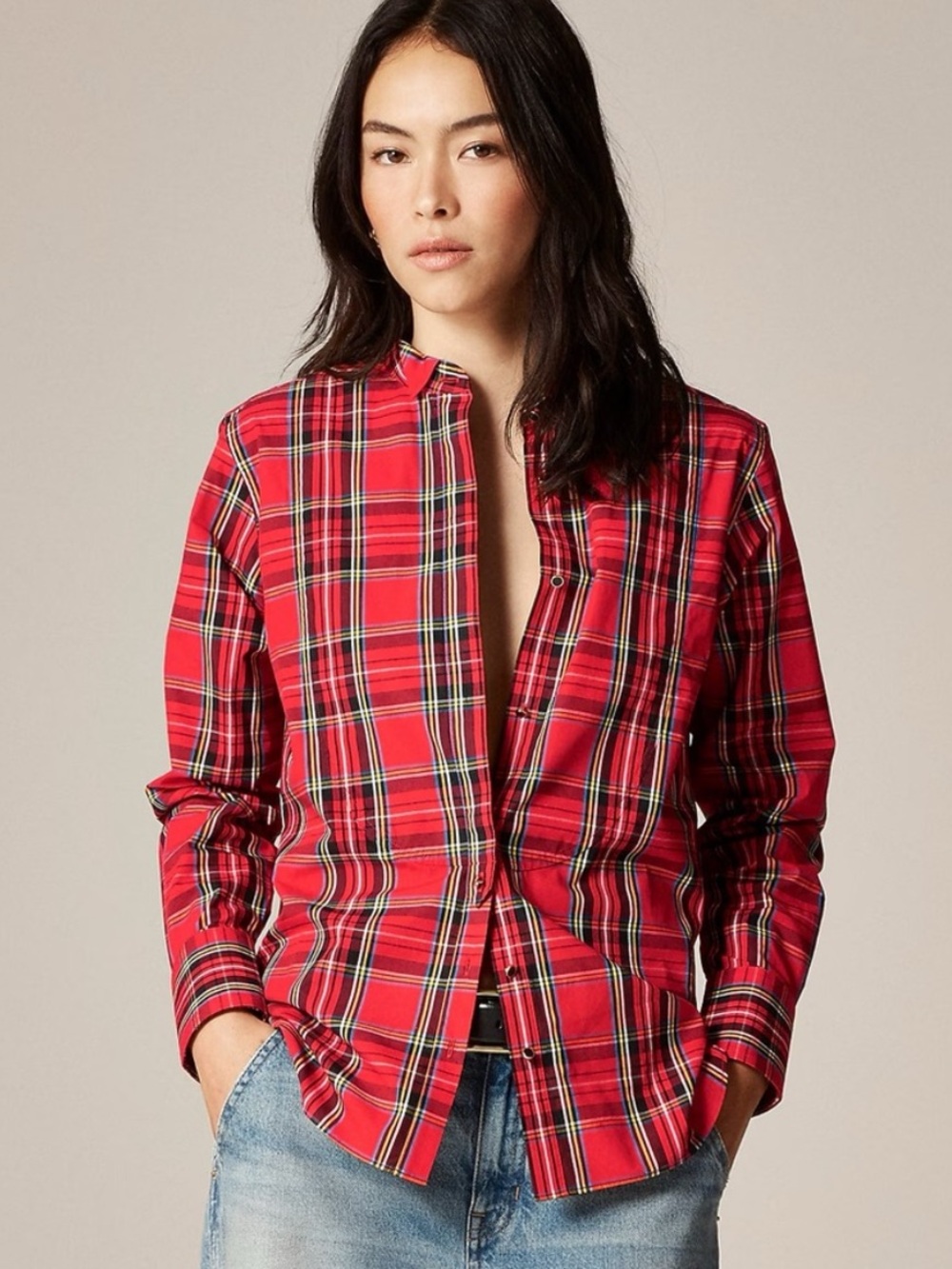 J.Crew Jules tuxedo shirt in tartan cotton poplin red holiday festive size 22